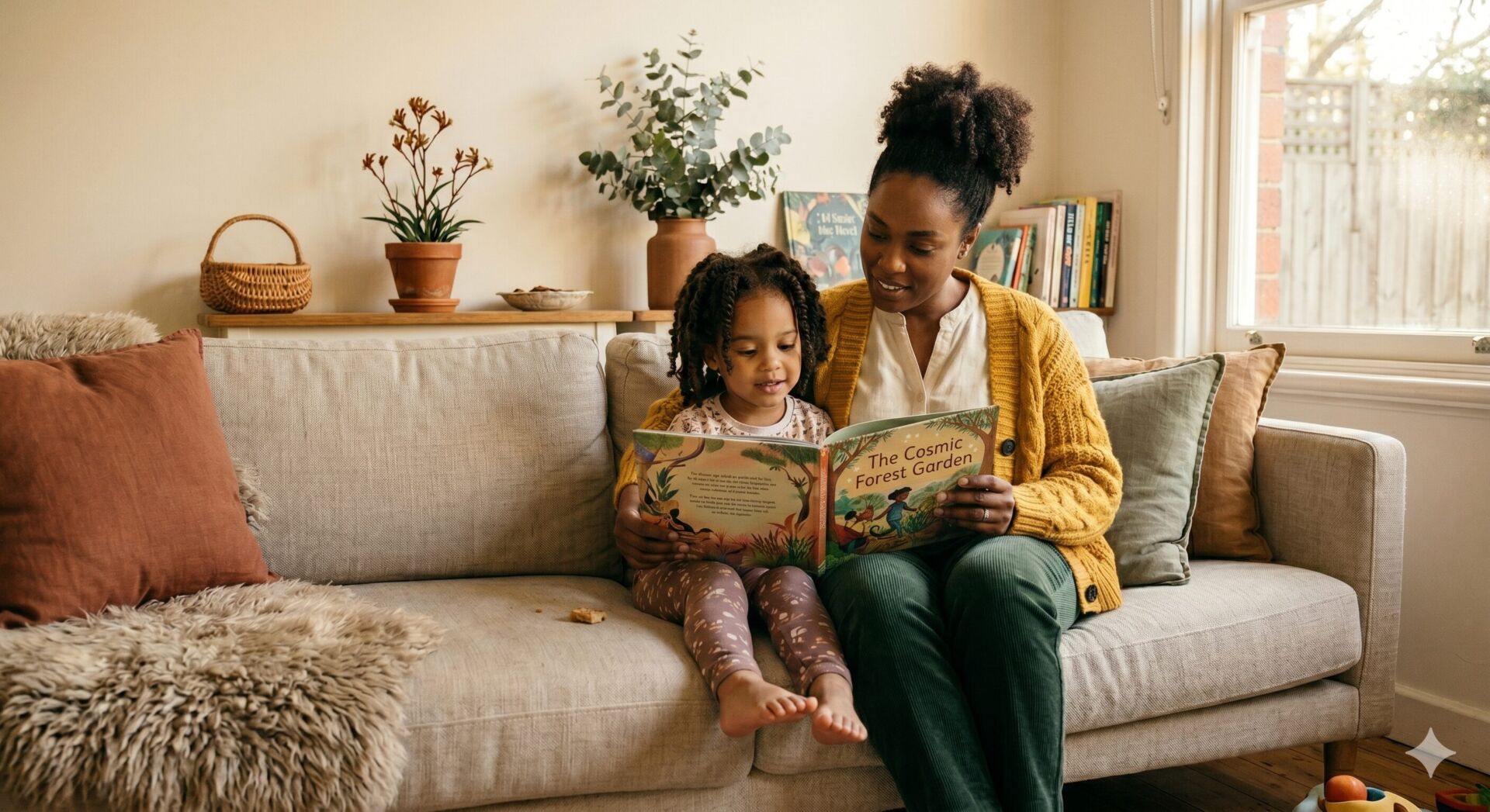Parent and child reading together on the couch — relaxed afternoon at home