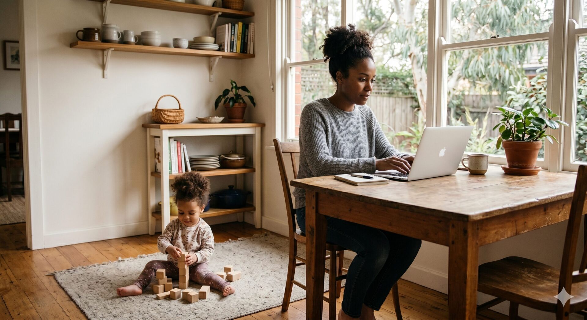 Parent working from home laptop at kitchen table with young child playing nearby