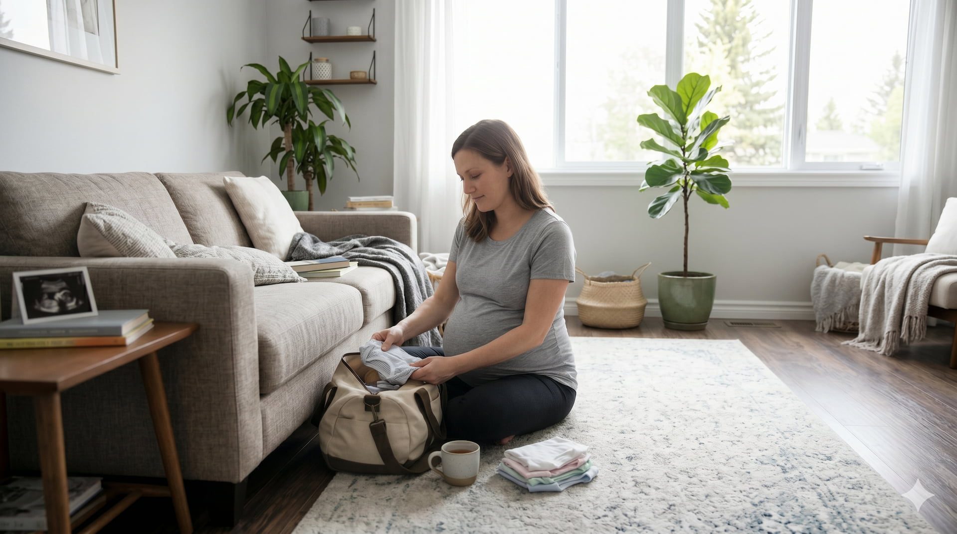 Pregnant woman kneels on a rug, packing a beige diaper bag in a bright living room with plants nearby.