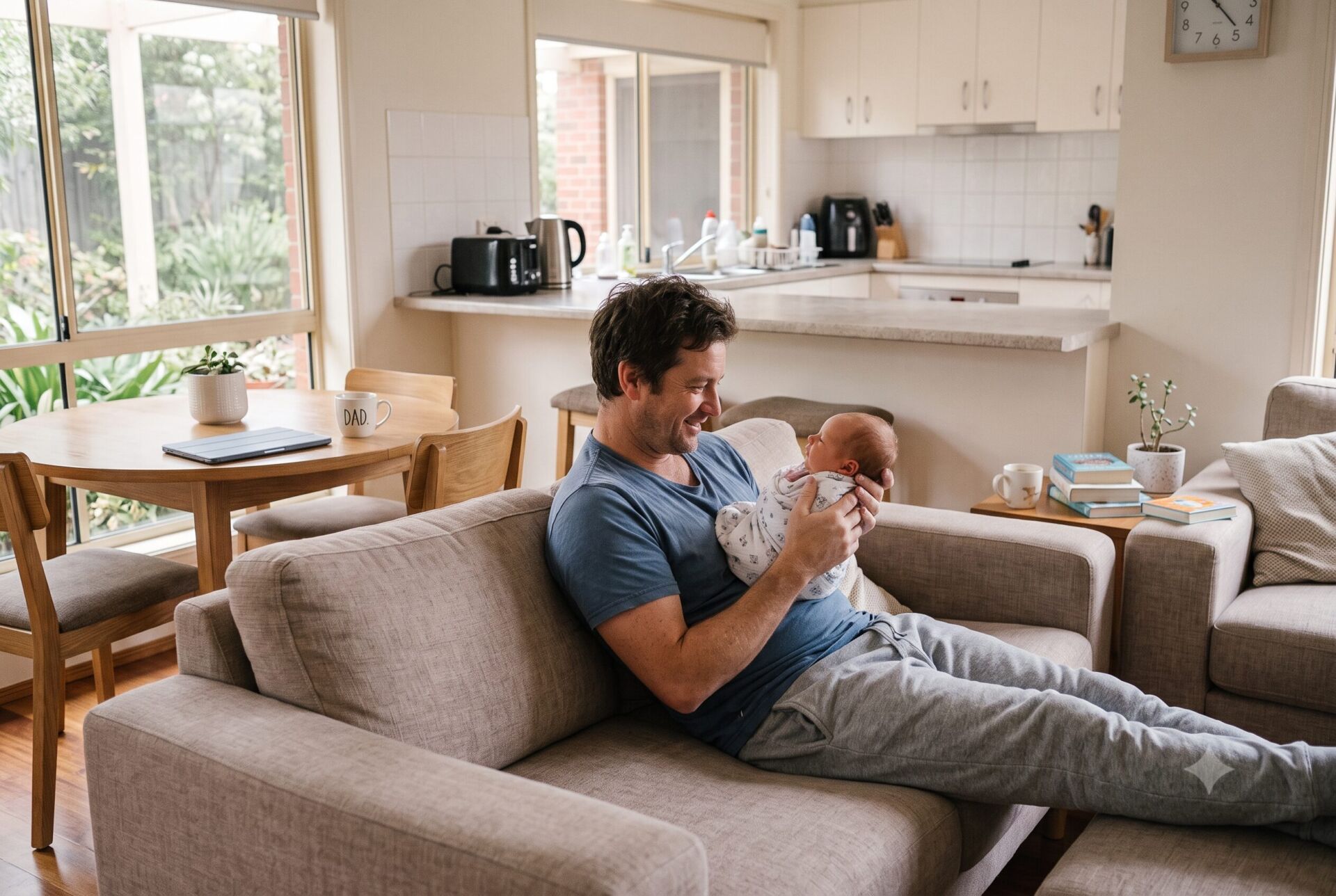 Dad sits on a beige sofa, cradling a newborn and smiling in a bright living room with a kitchen behind him.