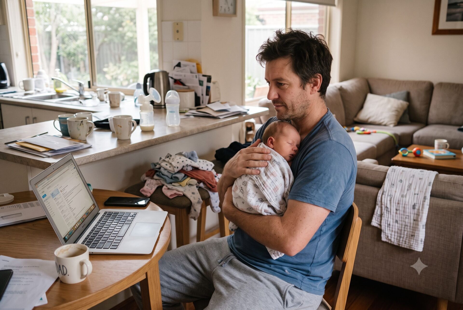 Father sits at a wooden table cradling a sleeping baby while using a laptop.