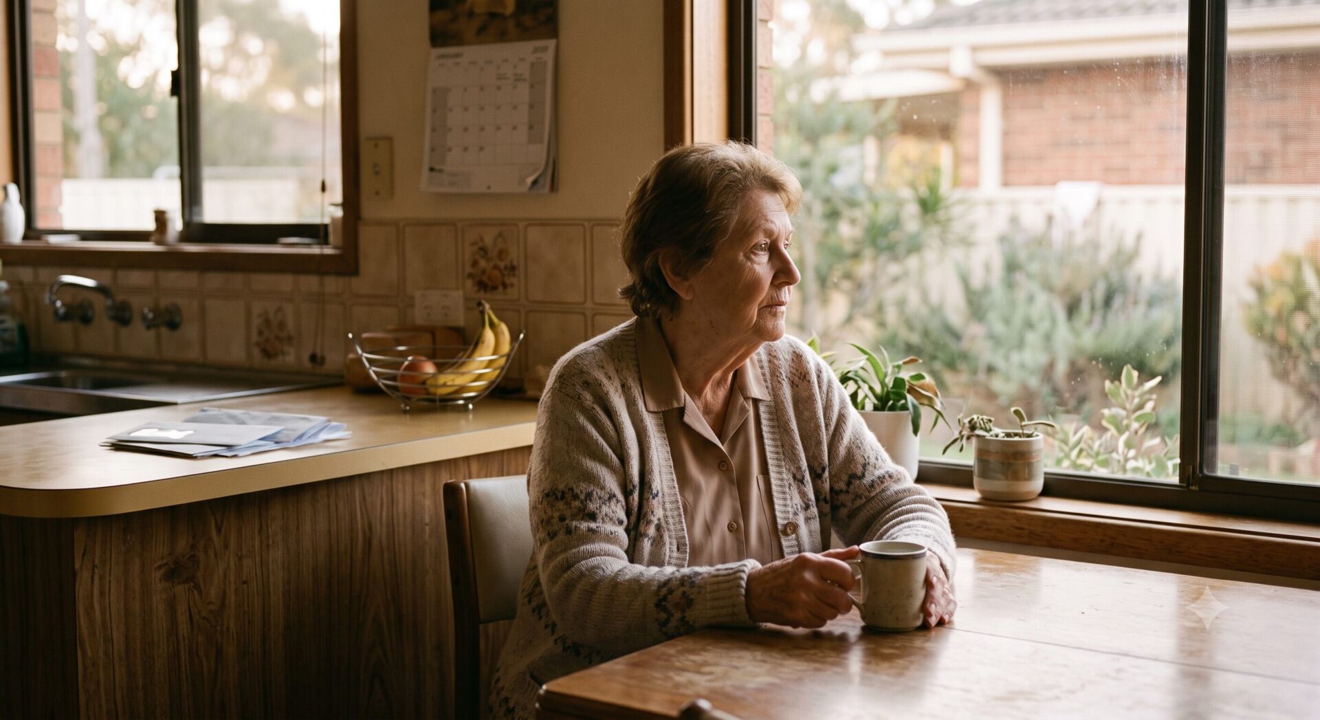 Older woman sits at a sunlit kitchen table, holding a mug and gazing out the window in a reflective moment.