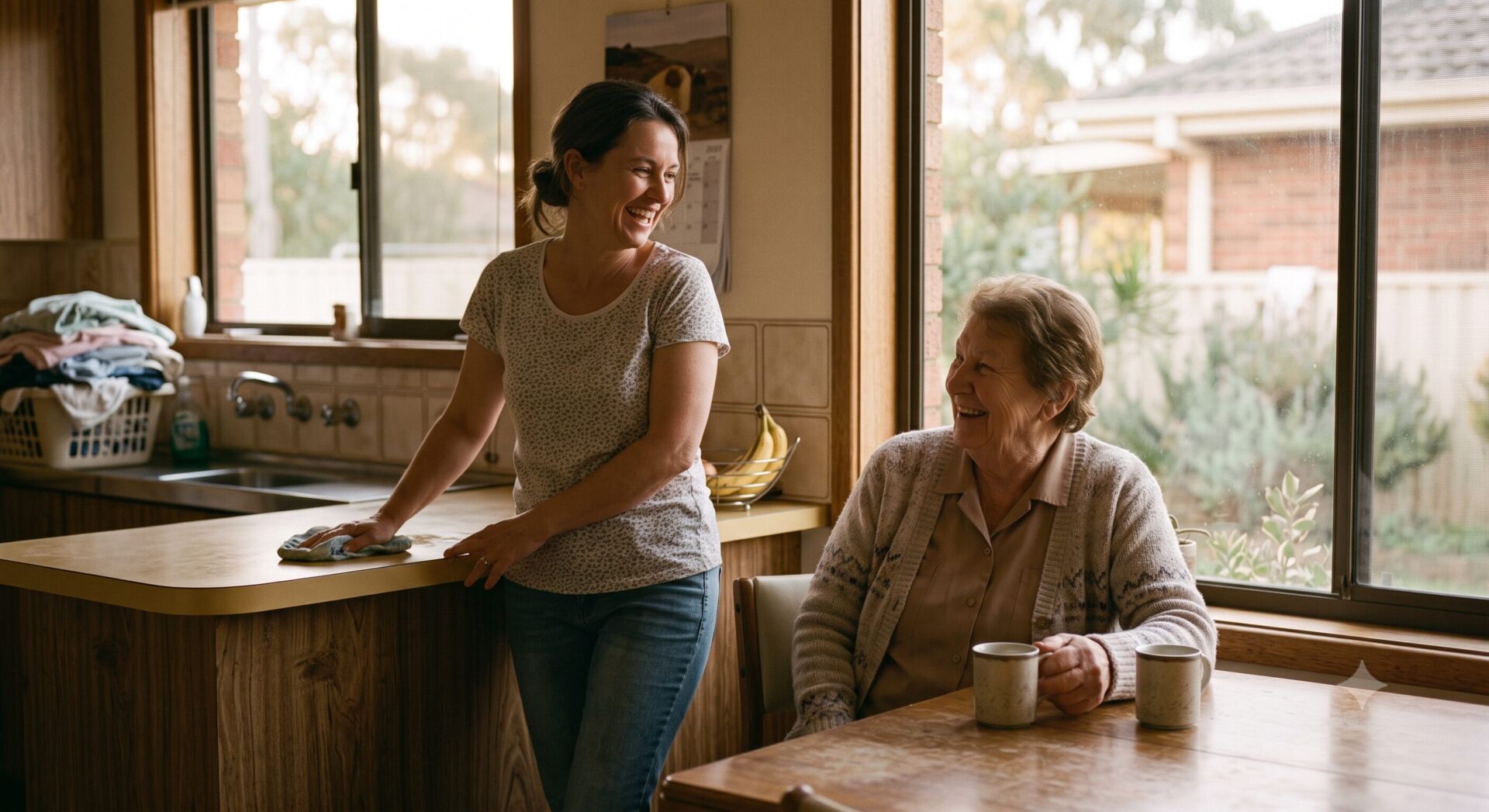 Two women in a sunlit kitchen: one stands at a counter wiping it, the other sits at a table by a window smiling.